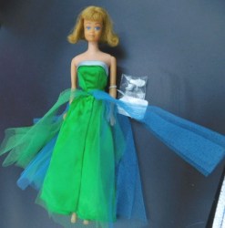 1963 BLONDE MIDGE DOLL, LOVELY HAIR, GREEN SATIN PROM DRESS, MULES